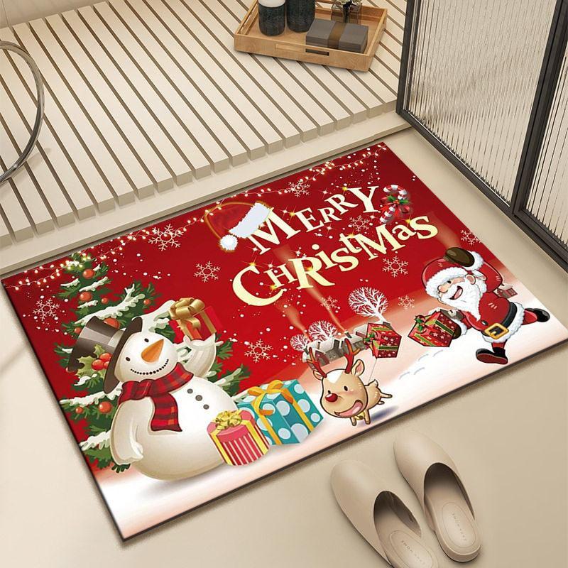Christmas Door Mat With Non Slip Backing Cute Santa Snowman Pattern For Indoor Outdoor Holiday Home Decor
