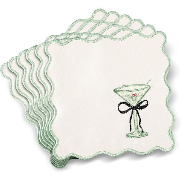 12 Pcs Martini Cocktail Napk Cloth Scalloped Embroidery a Tini Bit Older Party Supplies 6"x6" Washable Polyester Satin Cloth for Martini Cocktail