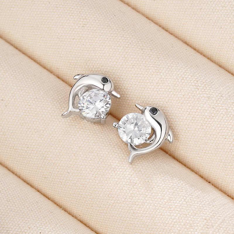 Small Animal Dolphin CZ Crystal Stud Earrings for Women Simple Retro Temperament Fashion Sweet Personality Jewelry