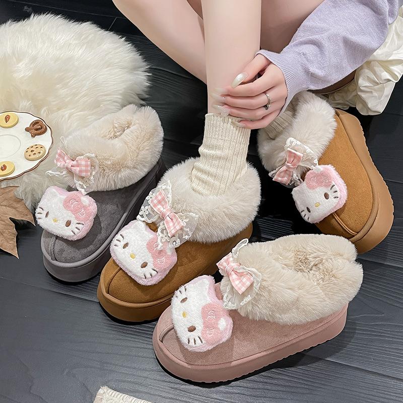 Cartoon Hello Kitty versatile thick-soled cute snow boots for women's 2025 winter new velvet warm Northeast cotton shoes