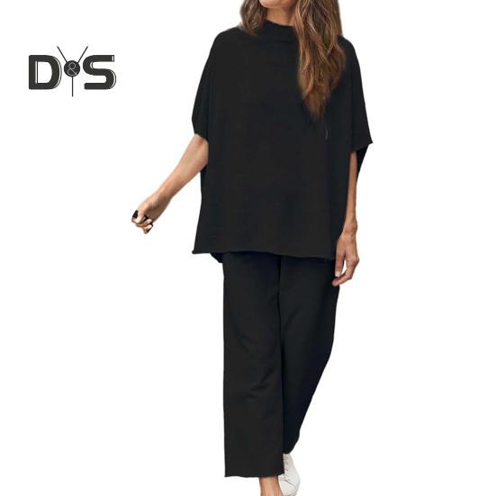 

Комплект из 2 предметов: женский топ и брюки, полувысокий воротник, средние рукава, блузка, широкие брюки с эластичной резинкой на талии и карманами, повседневный свободный наряд для отдыха S чёрный