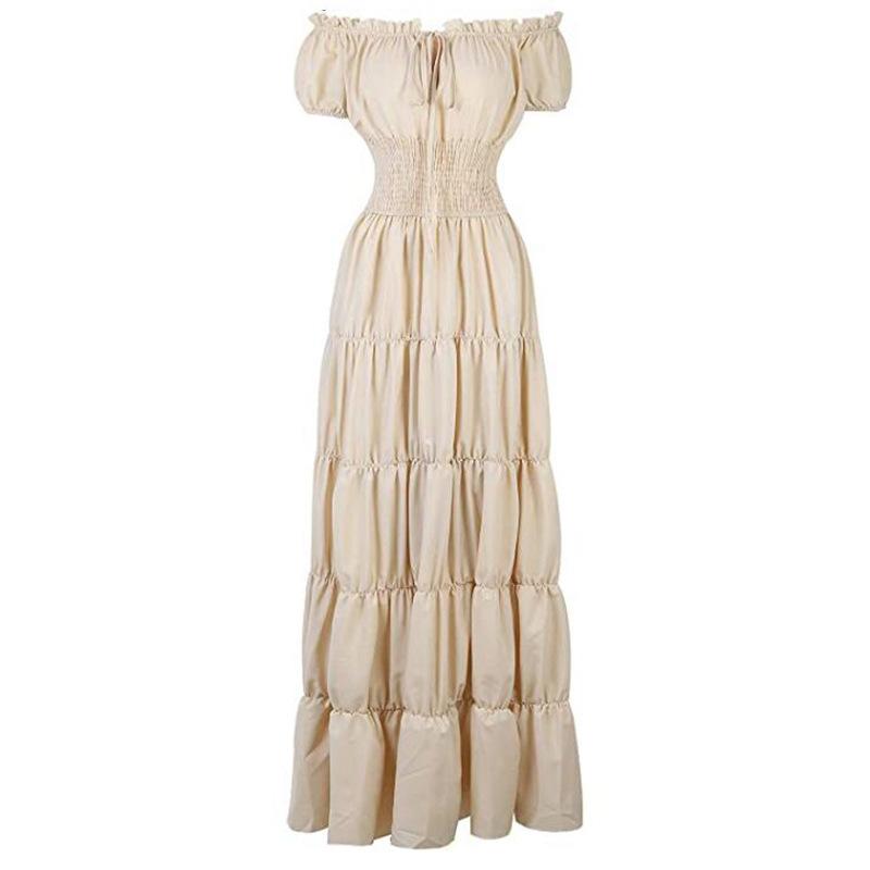 Women s Solid Color Short-sleeved Tie V-neck Elastic Waist Retro Long Dress S
