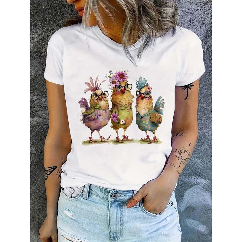 

European Size Cute Chicken Print Short Sleeve T-shirts, Crew Neck Casual Top For Summer & Spring, Women s Clothing 4XL білий