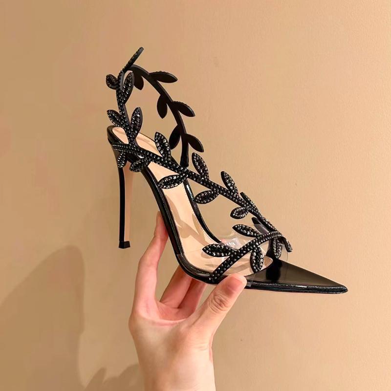Black Rhinestone Leaf Sandals New Spring and Autumn Pointed Patent Leather Temperament Beautiful Thin Heel Word with Celebrity High Heels