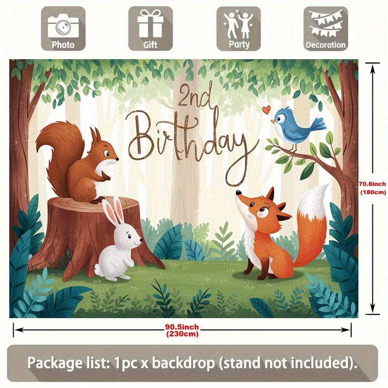 Forest 2nd Birthday Party Banner, Squirrel Rabbit Fox Polyester Backdrop for Room Wall