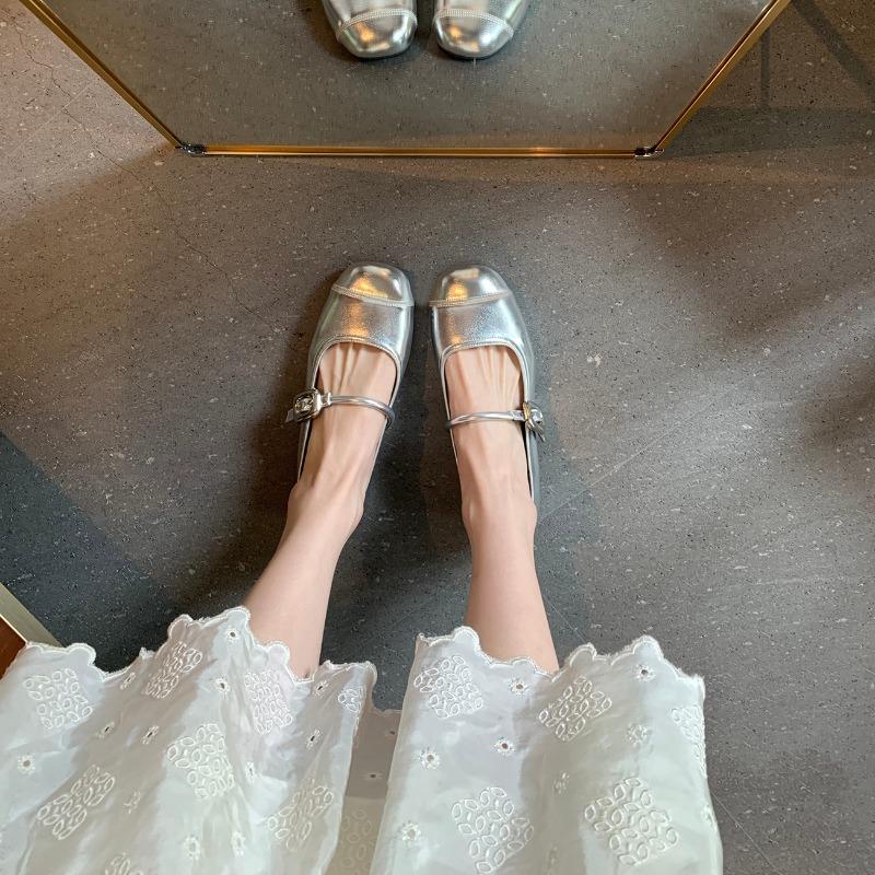 Sheepskin Version~ Genuine Leather Silver Light Mouth with Flat Bottom Inner Height Increase Mary Jane Single Shoes Women's Small Leather Shoes
