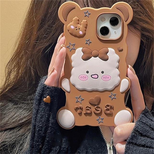 Korejský roztomilý 3D Cartoon Bear silikonový kryt na telefon s hvězdou pro iPhone 14 13 12 11 Pro Max Lovely Bunny ochranný měkký kryt Funda