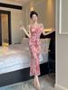 Mature Style Slimming Spaghetti Strap Mesh Print Fishtail Dress