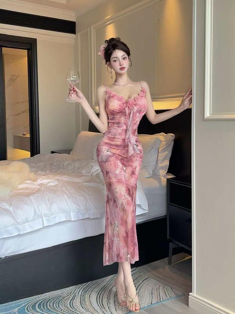 Mature Style Slimming Spaghetti Strap Mesh Print Fishtail Dress