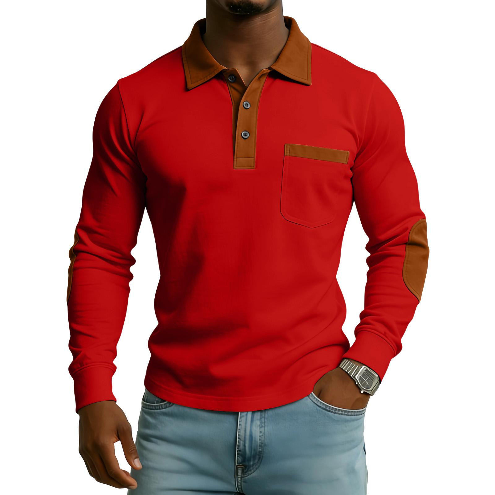 

Men s Color-Blocked Button Lapel Pocket Long Sleeve Top Men s Casual Fashion Long Sleeve Top XL червоний