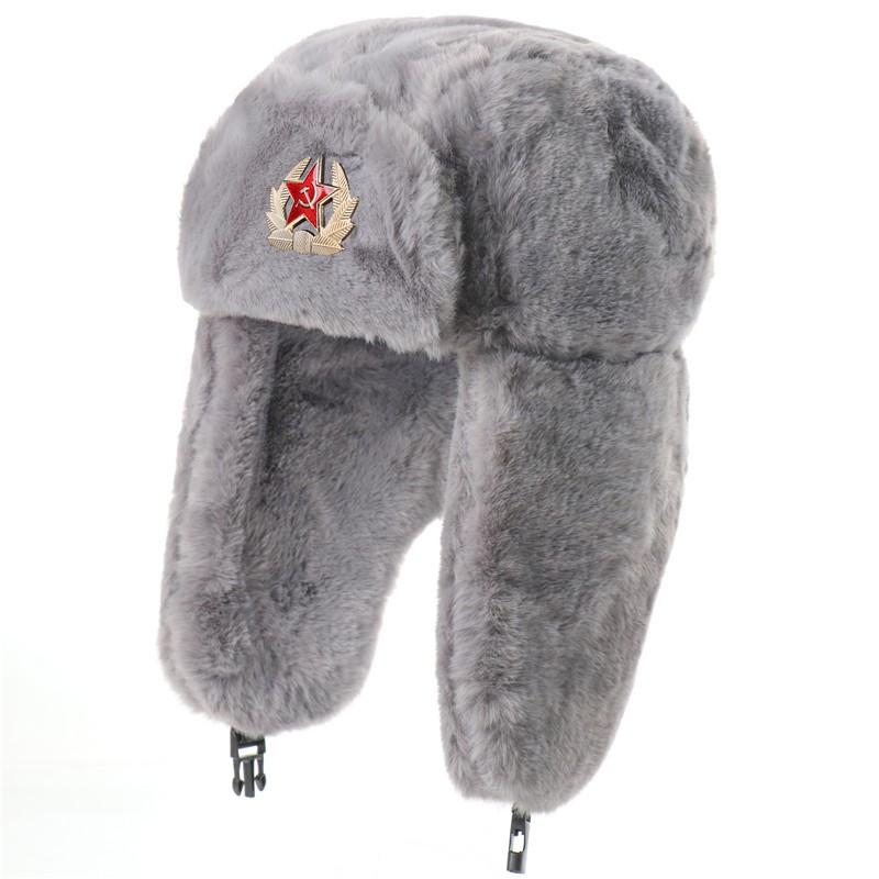 Warm Winter Military Style Earflap Hat Men Women With Embroidered Soviet Emblem Faux Fur Lined Outdoor Cap