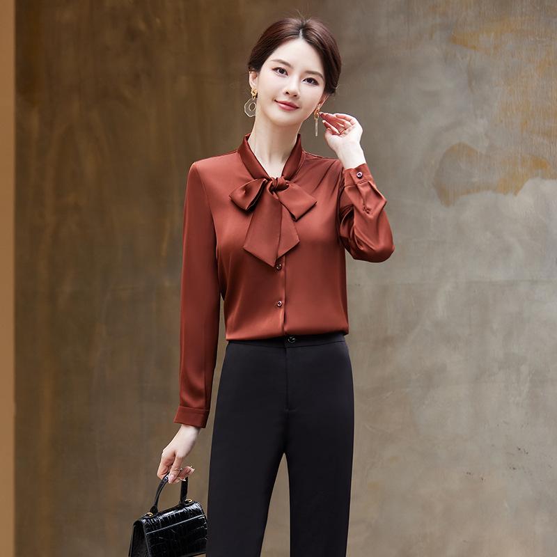 Women's Drapey V-Neck Ribbon Long Sleeve White Shirt - Professional Spring/Autumn Workwear Top