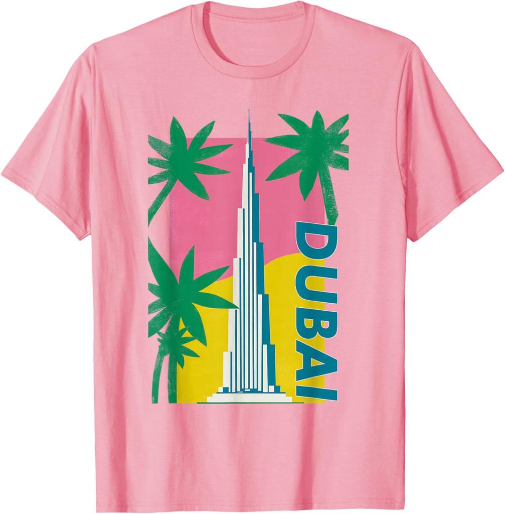 Dubai Burj Khalifa Palm Tree Retro Graphic Tee Men Casual Cotton TShirt
