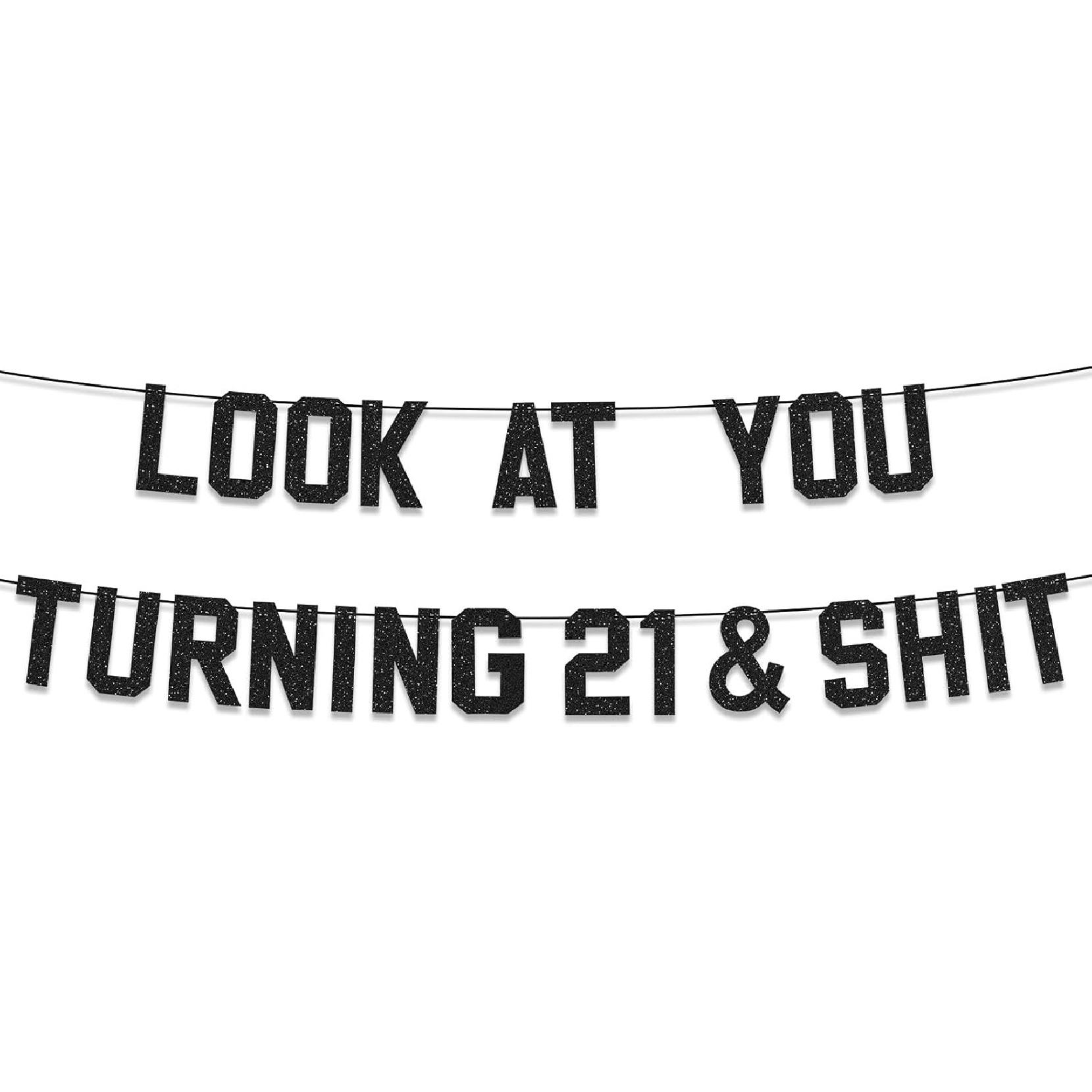21st Birthday Banner for Birthday Party Decorations, Pre-Strung Black Glitter Look At You Turning 21 Banner for 21st Bday Party Supplies Decor Gifts