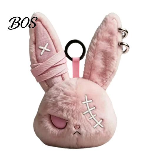 Stress Relief Plush Doll with Metal Hanging Loop, Dark Style Rabbit Pendant Bandage Stitched Keychain Toy, Funny Expression Doll, Collectible Toy Loop