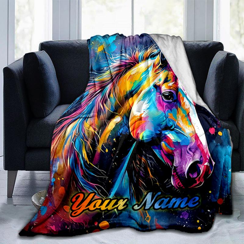 1PC Custom Name Colorful Horse Portrait flannel blanket versatile,all-season throw suitable for the living room,bedroom,camping,travel,and gift