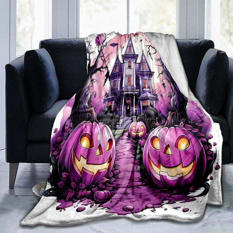 1pc Purple Pumpkin Halloween Cartoon Blanket  Soft and Cozy Throw for Home Decor, Perfect Gift, Living Room, Travel, Camping, Car Blankets