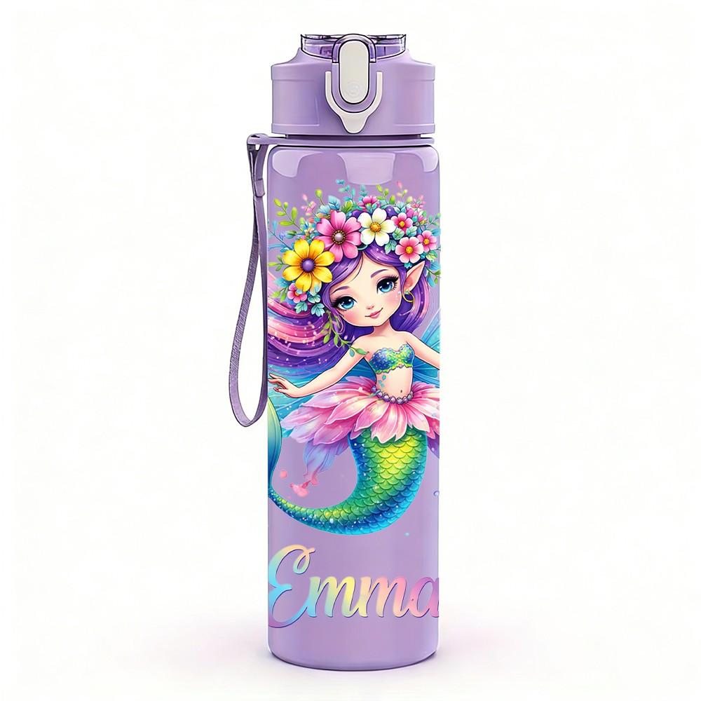 1PC Emma Mermaid Colorful Fantasy Art 750ml Color Plastic Sports Water Bottle Leakproof Flip Straw Lid Suitable for Sports Office Home Use