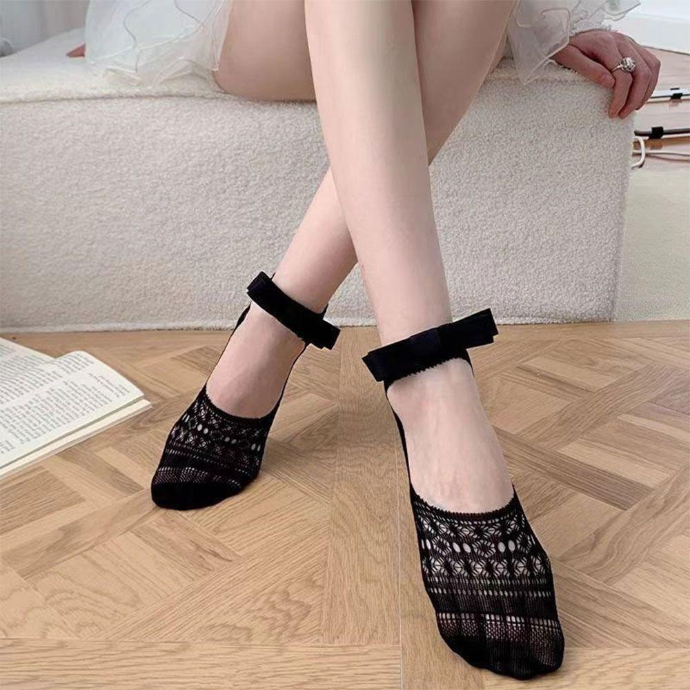 Hollow Short Socks Solid Color Cotton Socks New Bowknot Socks  Spring Summer