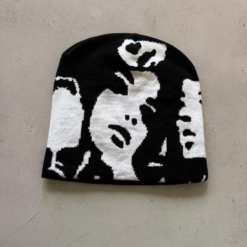 1pc Face Pattern Intarsia Beanie Hats,winter Casual windproof elastic skull Cap,Suitable for outdoor activities and daily wear