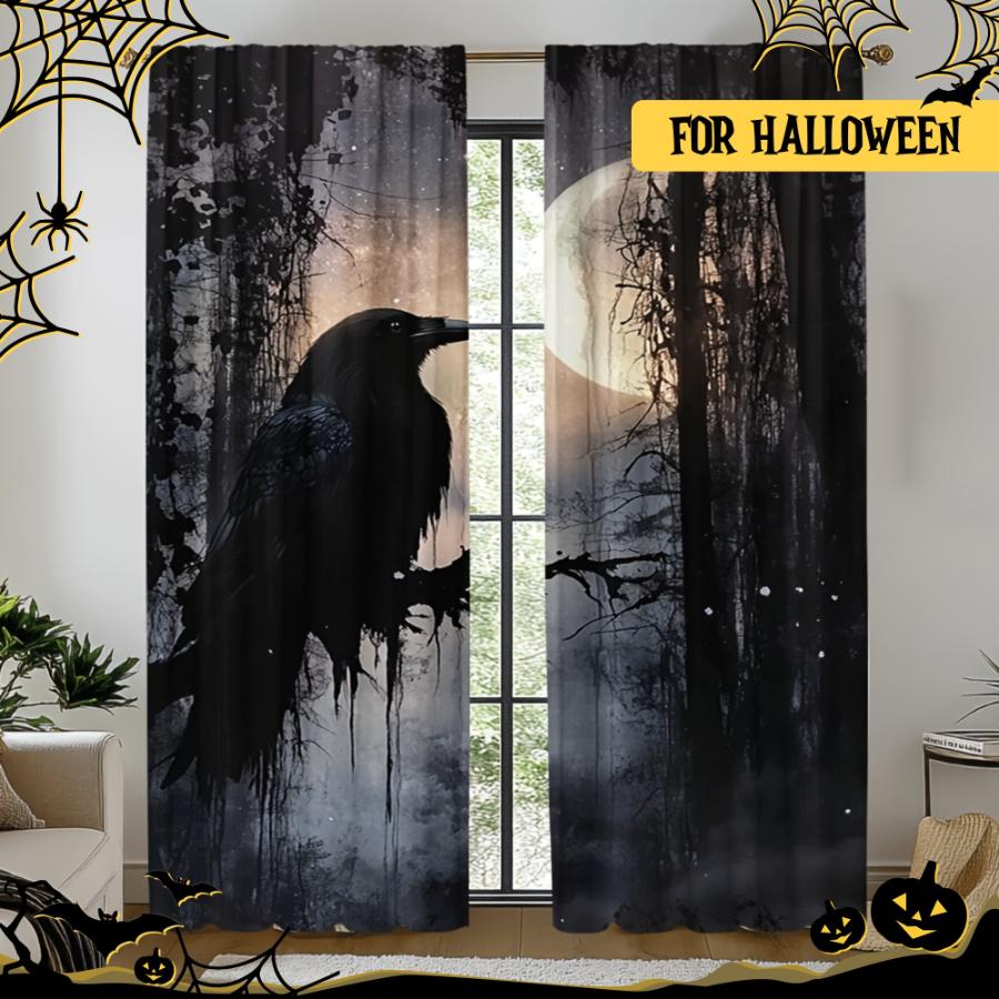 2PCS Digital Printed Curtains, Ink Wash Crow on Branch Moon Misty Forest, Dark Artistic Gothic Woodland Window Decor Bedroom