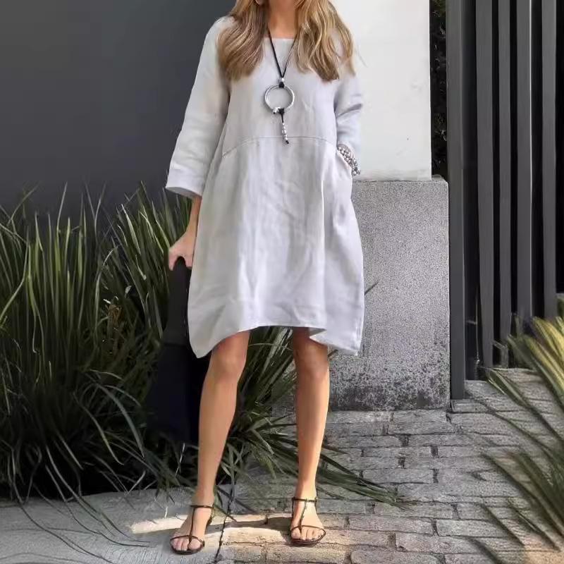 

Летний стиль, свободные повседневные однотонные платья из хлопка и льна с рукавами семь четвертей XXL светло-серый