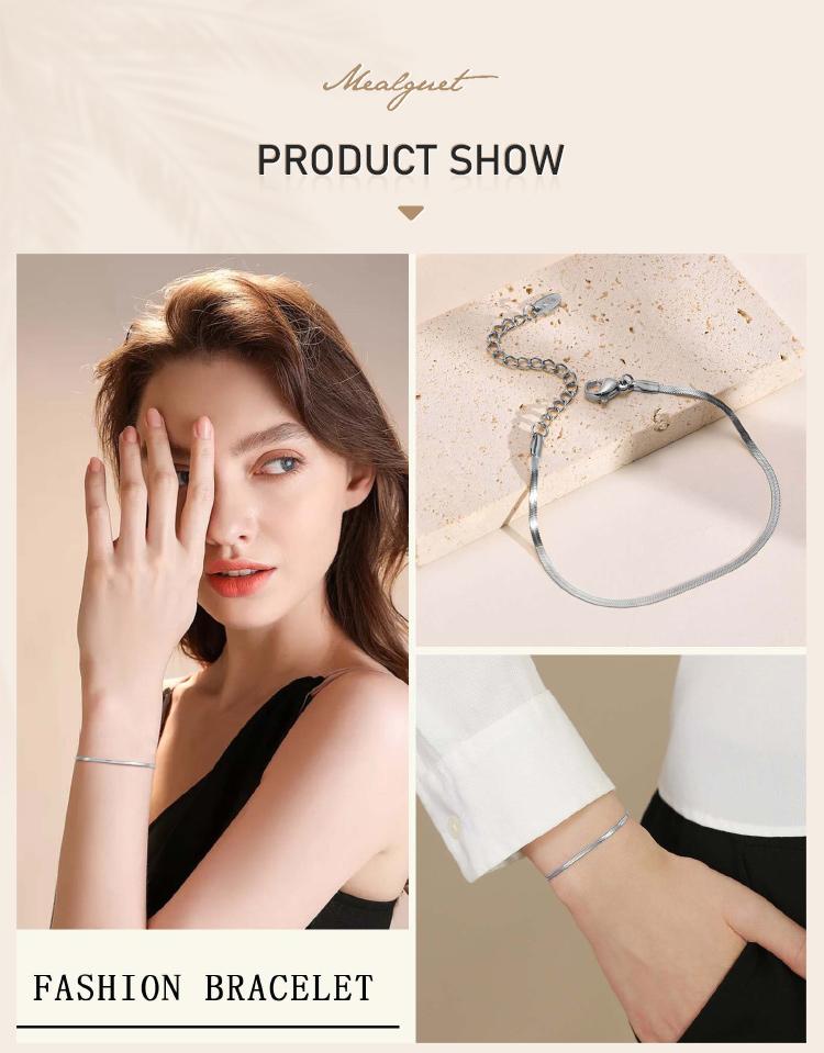 Anlaufgeschütztes Edelstahl Silberfarben Fischgräten Flaches Schlangenketten Armband für Damen Minimalistischer Schmuck