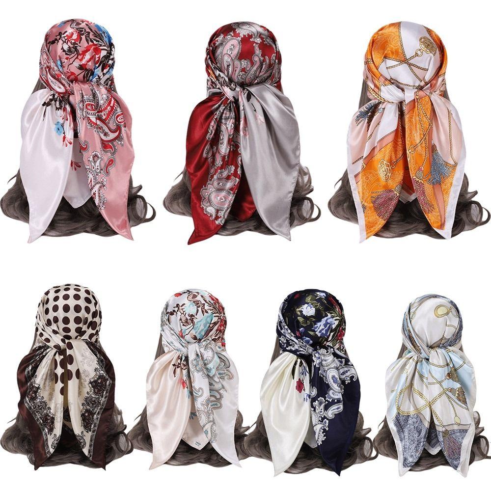 Silk Imitation Head Scarf 90x90cm Silk Scarves Trendy Hair Scarf Headband  for Women
