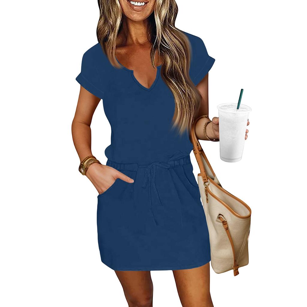 Women's Summer V-Neck Short Sleeve Drawstring With Pocket Color Casual Dresses