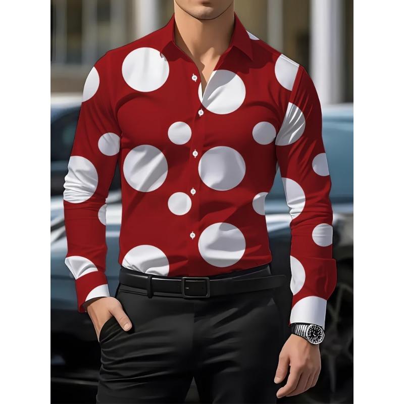 Camisa de Manga Larga con Lunares Grandes para Hombre, Camisa de Negocios con Cuello, Top Versátil Casual Europeo y Americano para Hombre