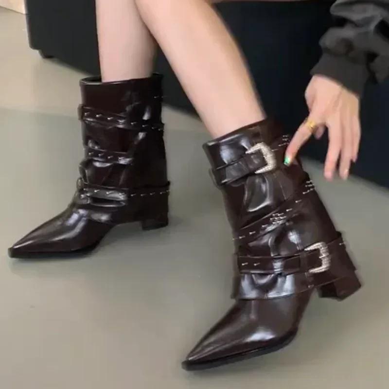 Fashion Chelsea Chunky Pointed Toe Ankle Boots Punk Women Shoes Trend New 2025 Winter Elegant Gladiator PU Leather Gothic Botas Mujer