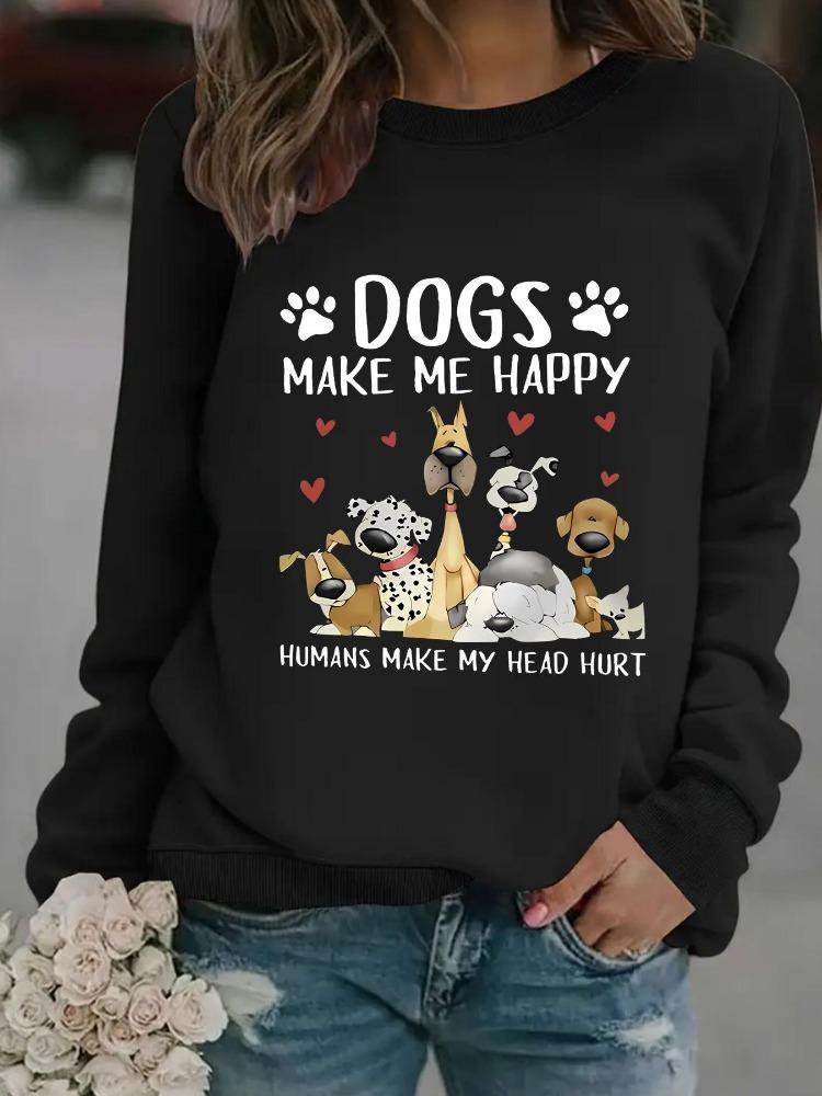 European American Cross Border Women Casual Autumn Winter Dog Print Pullover Round Neck Long Sleeve