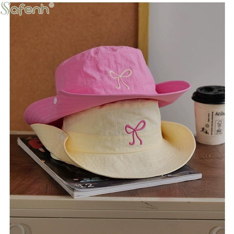 1Pcs Summer Hiking Camping Caps Fashion Bow Embroidery Quick Dry Bucket Hat Wide Brim Fordable Sunscreen Y2K Hats Girl Women