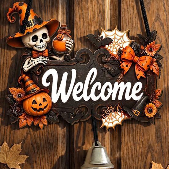 Durable Door Sign for Porch Halloween Pumpkin Ghost Wooden Welcome Hanger Sign, Cute Wall Ornament with Bell Front Hanging Rope, Decor Indoor Outdoor