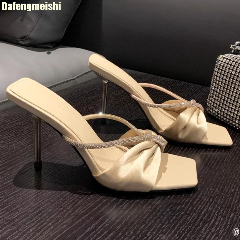 Fashion Purple Satin Rhinestone One-Strap Sandals for Women 2025 Summer New Bow Open-Toe Thin High-Heeled Slippers Casual Fashion Slides