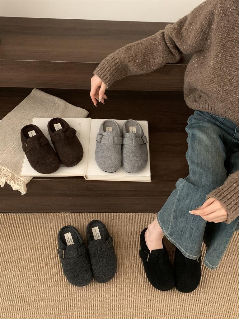 Korean Version of Retro Platform Woolen Birkenstocks Women's 2025 New Velvet Warm Lazy One Pedal Bag Head Half Slippers