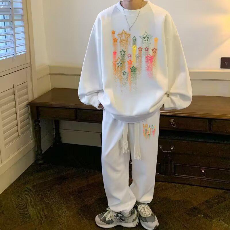 Harajuku Trendy Men's Sporty Casual Two-Piece Set: Creative Design Loose Hoodie & Pants
