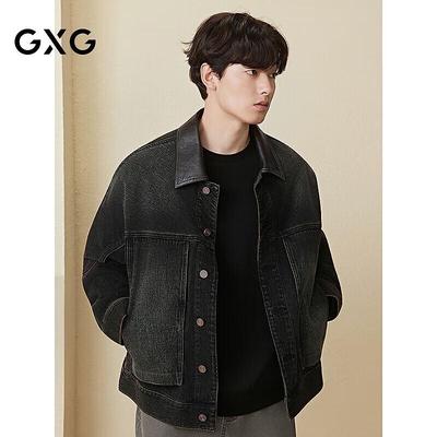 GXG Men's Retro Barn Collar PU Patchwork Denim Jacket