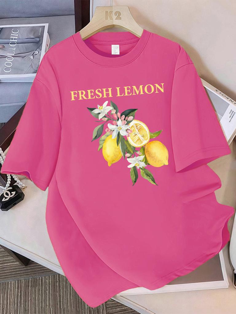 100 Cotton Summer TShirts Womens Fresh Lemon Flowers Printing Tops Comfortable Soft ONeck Short Sleeve Casual Womans Clothes