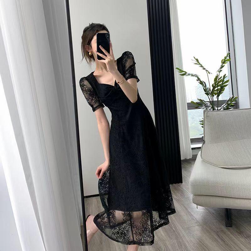 Cheap Summer Lace Black Dress French Retro Hepburn Style Waist Slimming ...