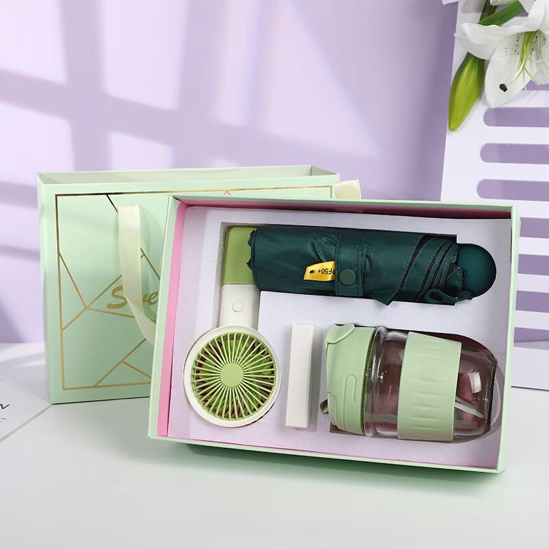 Portable Essentials Gift Set Handheld Fan, Dual-Drink Cup, Sunscreen Umbrella
