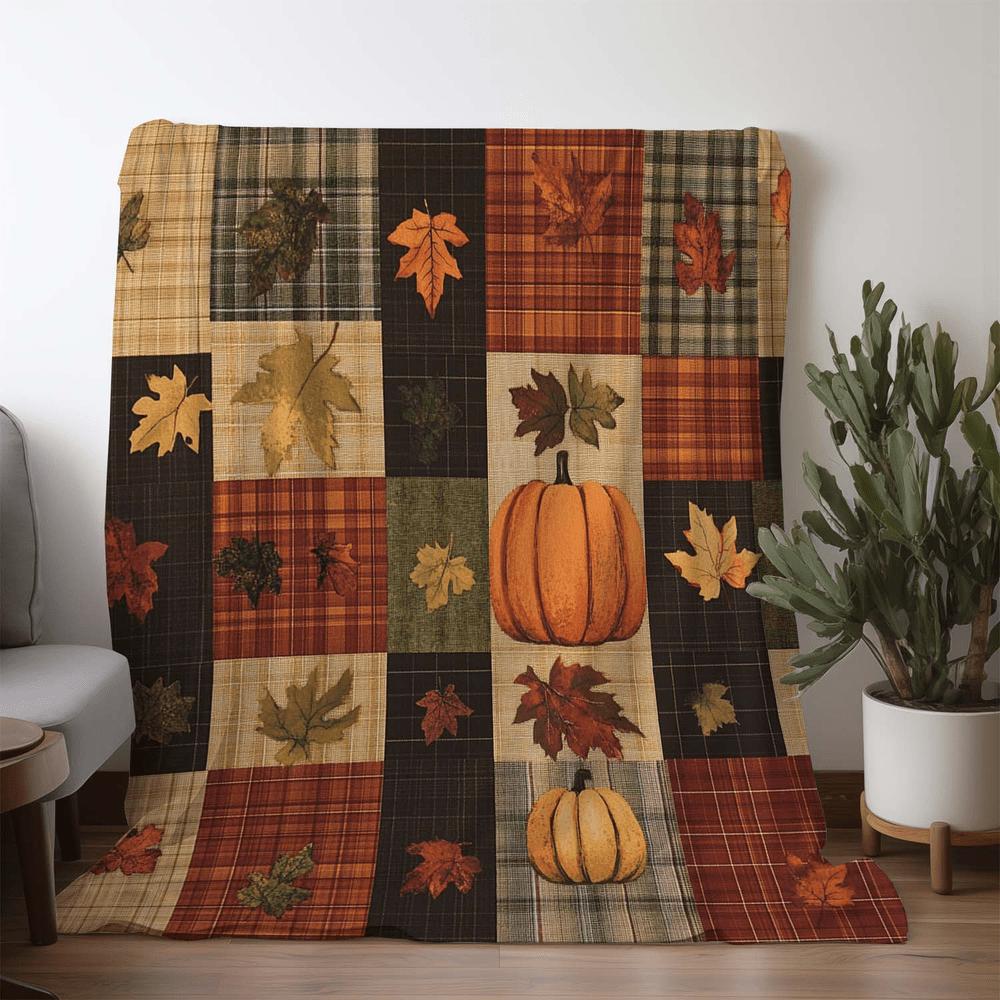 1pc Plaid Patchwork Pumpkin Throw Blanket, Rustic Grid Patchwork with Tartan Plaid, Pumpkins And Autumn Maple Leaves Blanket, Soft Blanket for Sofa Be