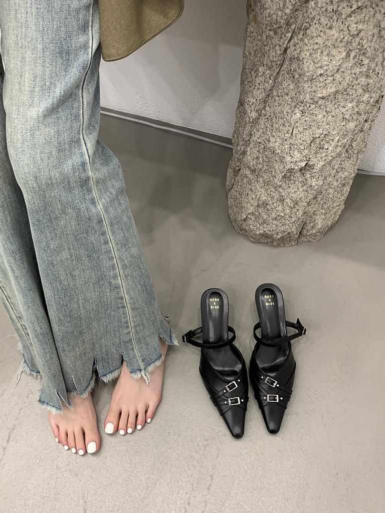 Fashion Black Silver Women Sandals Slides Slippers Summer Outside Party Dress Shoes Woman Thin High Heels Bow Design Slip On Sexy Office