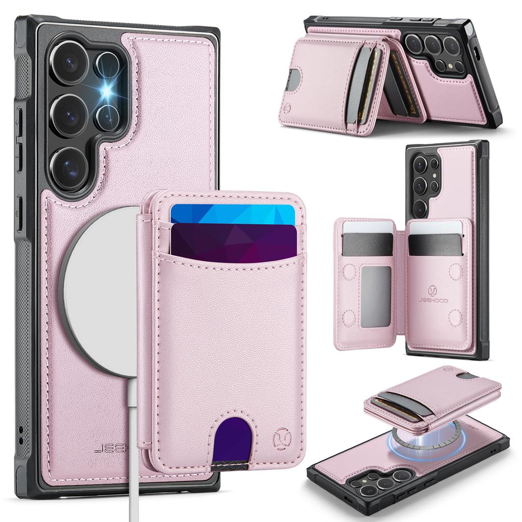 For Samsung Galaxy S26 Ultra Magnetic Case JEEHOOD J10 Leather Back Phone Cover with Detachable Card Holder Kickstand