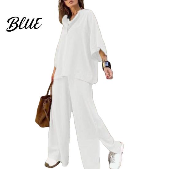Comfortable Polyester Outfit Women's Two-Piece Oversized 3/4 Sleeve Pullover Top And Autumn Fashion Set Wide Leg Pants Fall Casual Loose Lounge