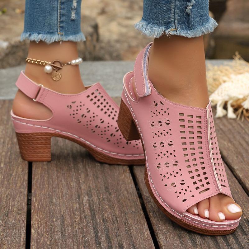 Fashion Retro Large Size Women's Sandals Thick Heel Roman Style Slip-On Shoes PU Leather Rubber Sole Comfortable Sandale Femme