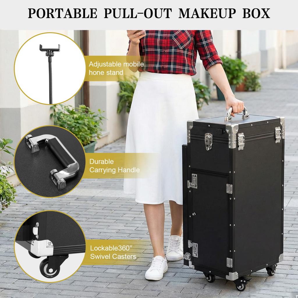 Professional Make-up Table Station W/Wheel&Drawers Foldable Rolling Manicure Table Portable Nail Table Desk Lockable Makeup Case