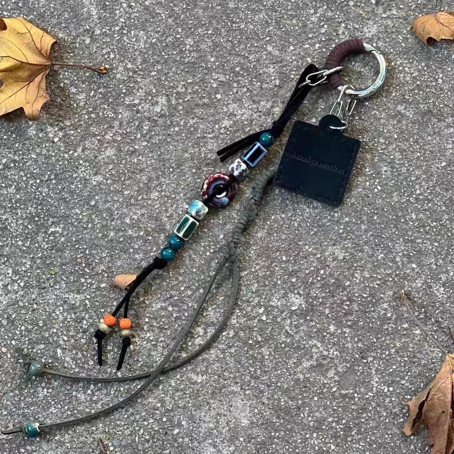 Ручная плетёная верёвка Брелок кожаный диск бусины Цепочка для брюк чёрный