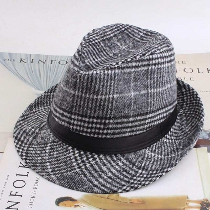 Autumn and winter men's top hat, Frannie plaid fabric warm middle-aged and elderly jazz hat casual top hat men's hat