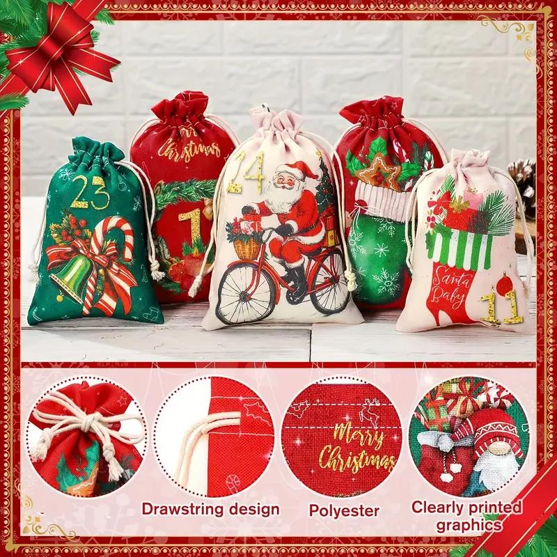 24Pcs Christmas Advent Calendar Number Bags Christmas Gift Burlap Drawstring Bags DIY Countdown Advent Calendar Set with Rope